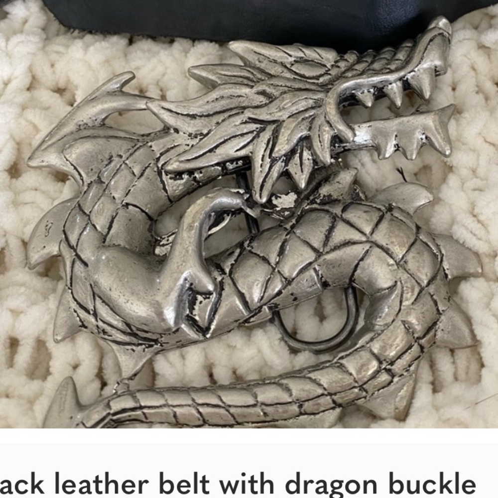Black Leather Belt with Silver Dragon Buckle
